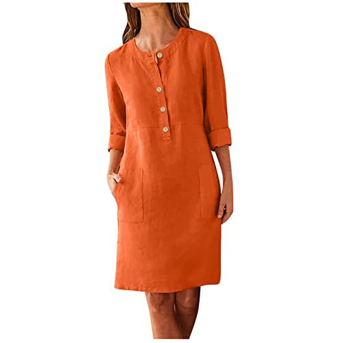 Women Vacation Outfits, Dresses for 2023 Maroon Dress Summer Long Dress Women's Large Loose Solid Cotton Linen Round Neck Short Sleeve Pocket Button Dress Short Red Tank Puff Midi (4XL, Orange) | Amazon (US)