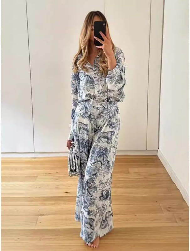 Women's Summer Print Two Piece Pajama Set Short Sleeve Outfits Button Down Tops Drawstring Long P... | Amazon (US)