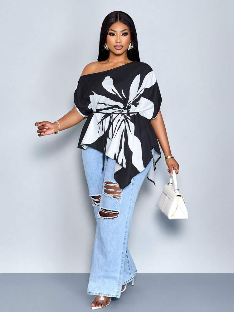 SOLERSUN Plus-Size Women Summer Black And White Elegant Blouse,Autumn Festa Loose-Fitting One-Sho... | SHEIN