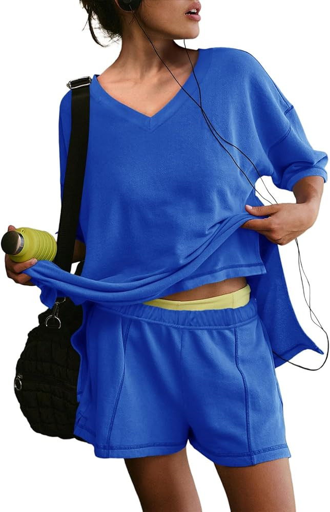 Yousify Womens 2 Piece Sets Summer Outfits 2025 Lounge Set 3/4 Sleeve Oversized Tops And Elastic ... | Amazon (US)