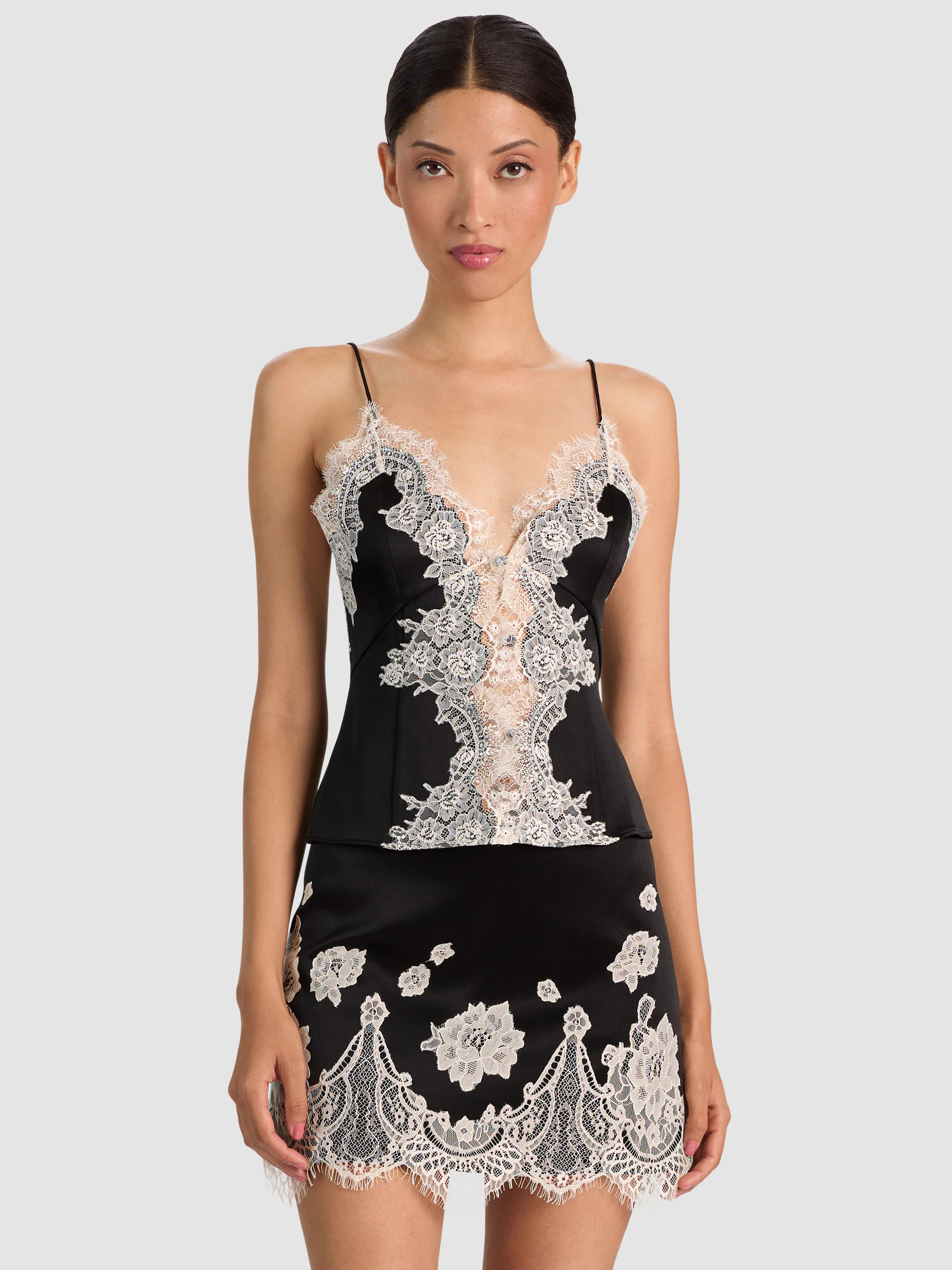JULIETTA BTN FT CUTAWAY LACE SLIP TOP in BLACK/CHINO | ALICE + OLIVIA | Alice + Olivia