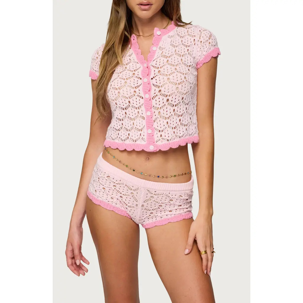 EDIKTED Elisa Open Knit Short Sleeve Cotton Crop Cardigan in Light-Pink at Nordstrom, Size Medium | Nordstrom