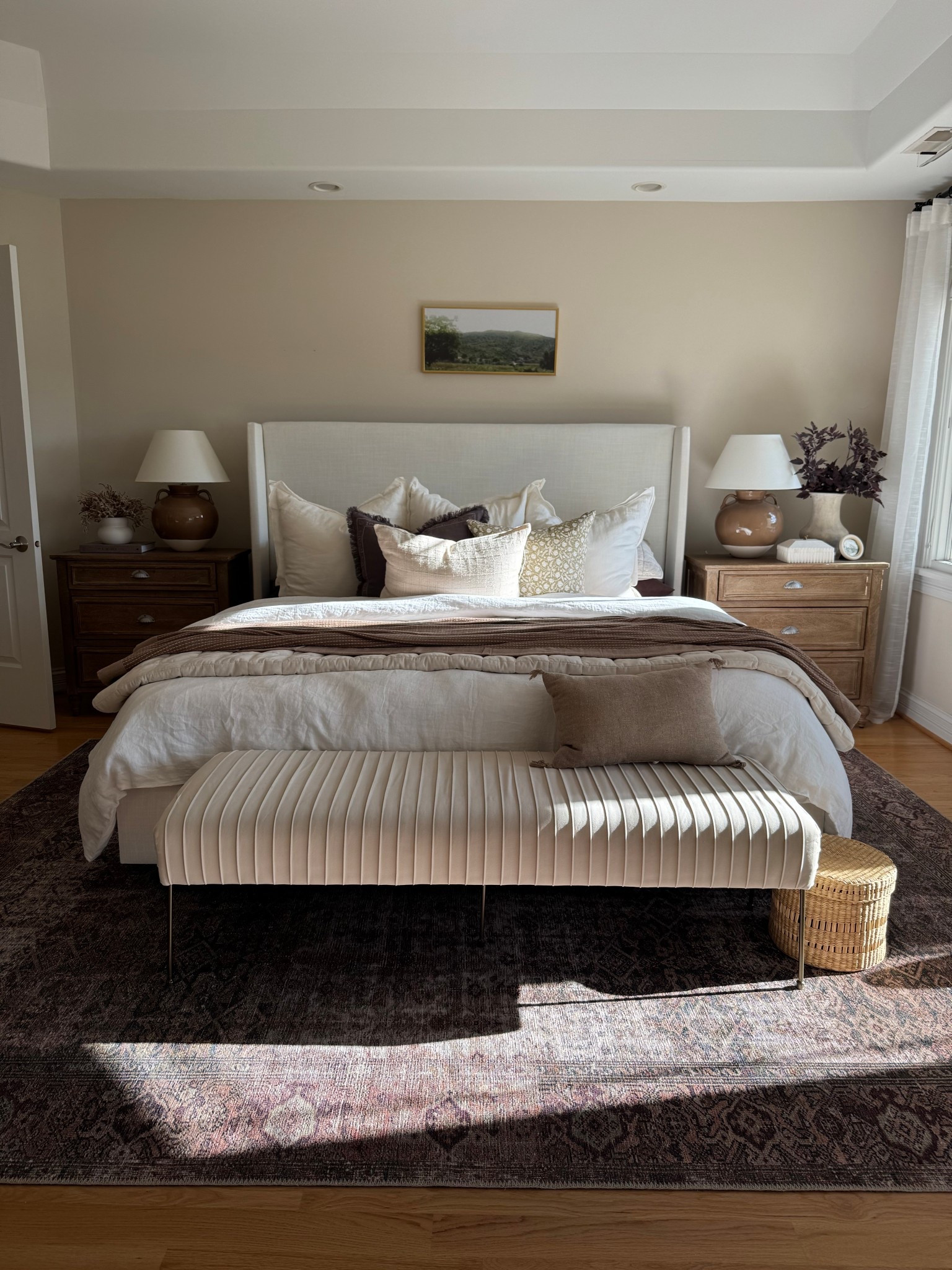 Fall bedroom refresh 🍂  rich brown tones, bedding sheets, linen duvet cover, velvet quilt, brown throw, throw pillows, bedroom bench, vintage inspored rug, table lamp, 

#LTKSeasonal #LTKSaleAlert #LTKHome