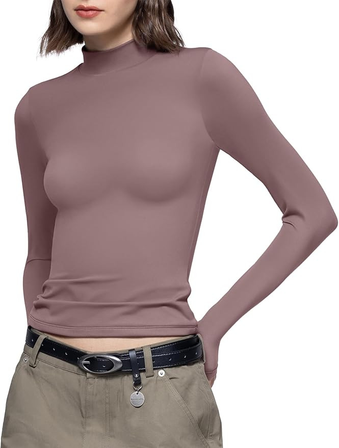 PUMIEY Women's Long Sleeve T Shirts Mock Turtleneck Slim Fit Tops Sexy Basic Tee Smoke Cloud Pro ... | Amazon (US)