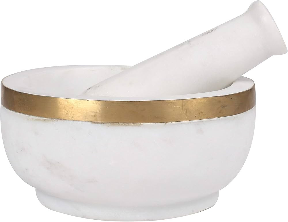 Handcrafted Milky White Marbal Stone Mortar and Pestle Set with Brass Border || Marble Stone Mort... | Amazon (US)
