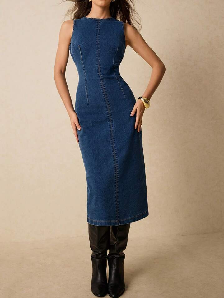 Poéselle Women Round Neck Sleeveless Slim Fit Long Denim Dress, Elegant Denim Dress,FW25, Poeselle | SHEIN