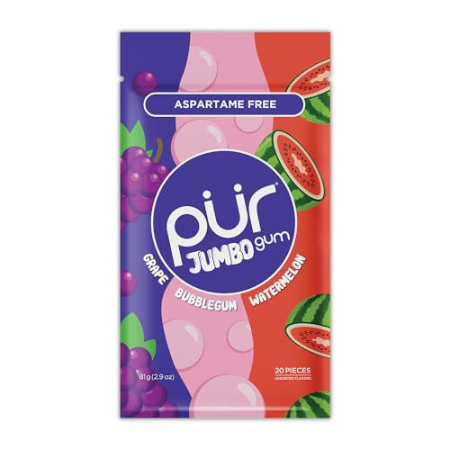 PUR Jumbo Gum | Aspartame Free Chewing Gum | 100% Xylitol | Natural Bubblegum, Grape, Watermelon Flavor, 20 Pieces (Pack of 1) | Amazon (US)