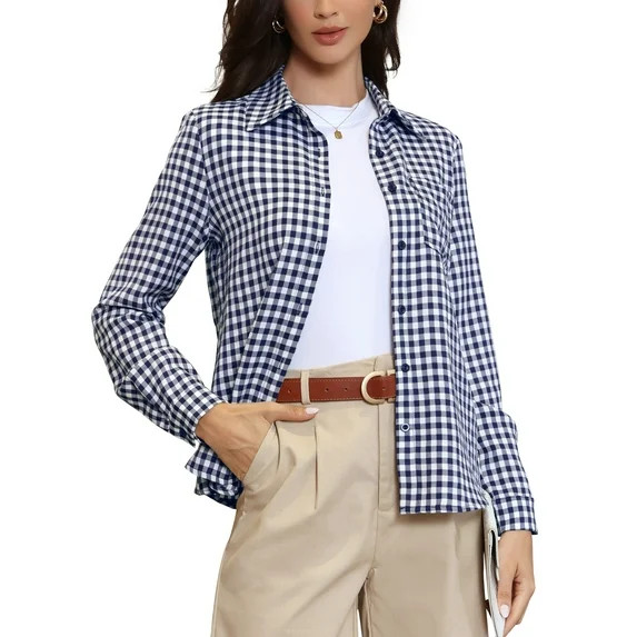 Plaid Shirt Women Button Down Long Sleeve Collared Shirts Gingham Top Casual Work Blouse XS Blue ... | Walmart (US)
