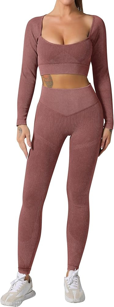 ABOCIW Workout Sets for Women Seamless Ribbed Sweetheart Neck Long Sleeve Crop Top Scrunch Butt H... | Amazon (US)