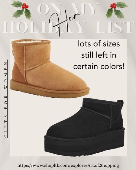 A bunch of sizes still left in certain colors!  I was able to snag my size in the ultra mini platform. I just kept checking the site!!

#uggs #uggboots #winterboots #gifts 

#LTKGiftGuide #LTKSeasonal #LTKshoecrush