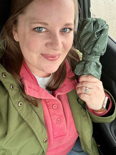 Rainy day work outfit! Green rain jacket and green umbrella for the win  

#LTKfindsunder50