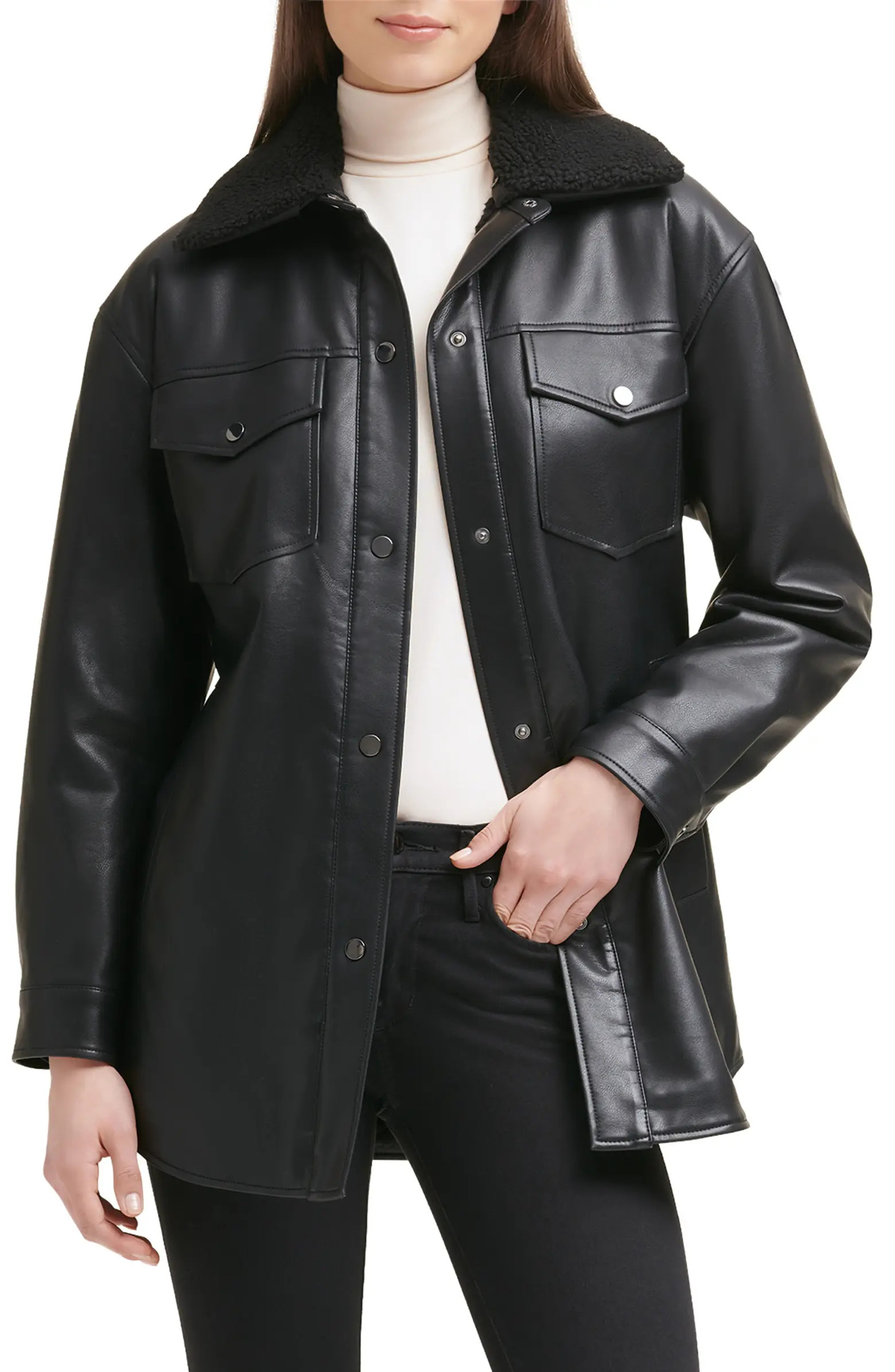 Belted Faux Leather Shirt Jacket with Faux Shearling Lining | Nordstrom