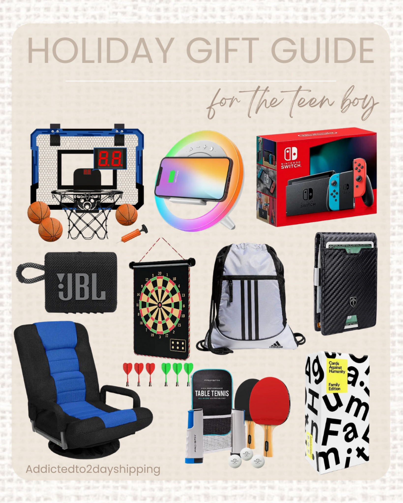 2023 Holiday gift guide for teen boys from Amazon! 

Door basketball hoop, phone charger, gaming console, dart board, portable speaker, gaming chair, ping pong set up, card game, teen wallet, travel bag, sports bag, teen gifts, teen boy gifts  

#LTKHoliday #LTKGiftGuide #LTKfamily