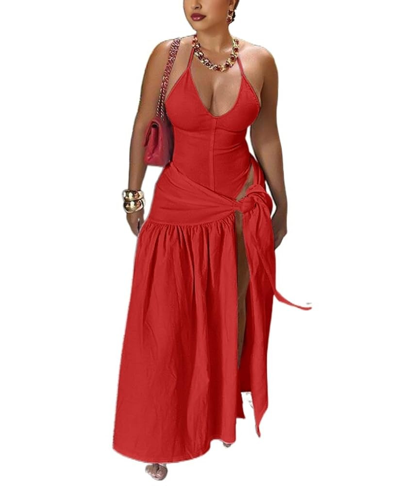 Two Piece Skirt Set Women Sexy Halter Backless Bodysuit and Wrap Tied High Split Summer Maxi Skir... | Amazon (US)