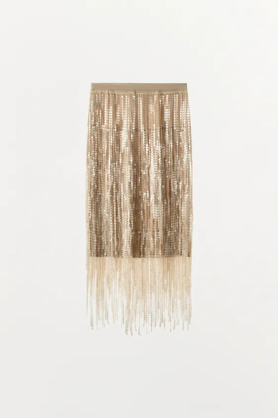 Mid-rise midi skirt. Fringe detail with sequin appliqu\u00e9. Side zip and hidden metal hook clos... | Zara US