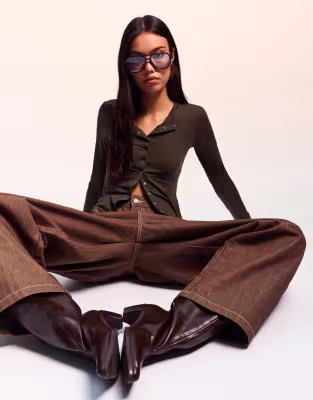 Bershka Long sleeve t-shirt with buttons in brown | ASOS (Global)