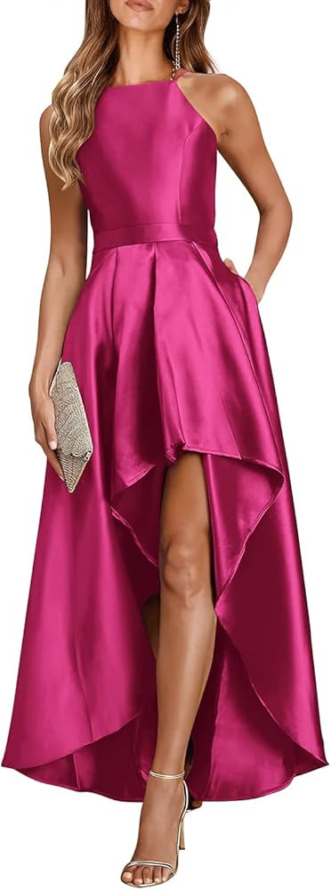 PRETTYGARDEN Women's Summer Long Formal Dresses Sleeveless Halter Neck High Low Maxi Satin Prom Dres | Amazon (US)
