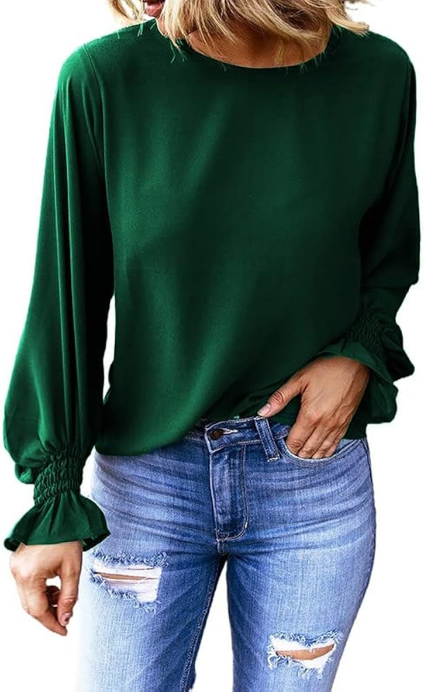 Womens 2023 Summer Long Sleeve Ruffle Bubble Sleeve Casual Loose Shirts Tops and Blouses | Amazon (US)