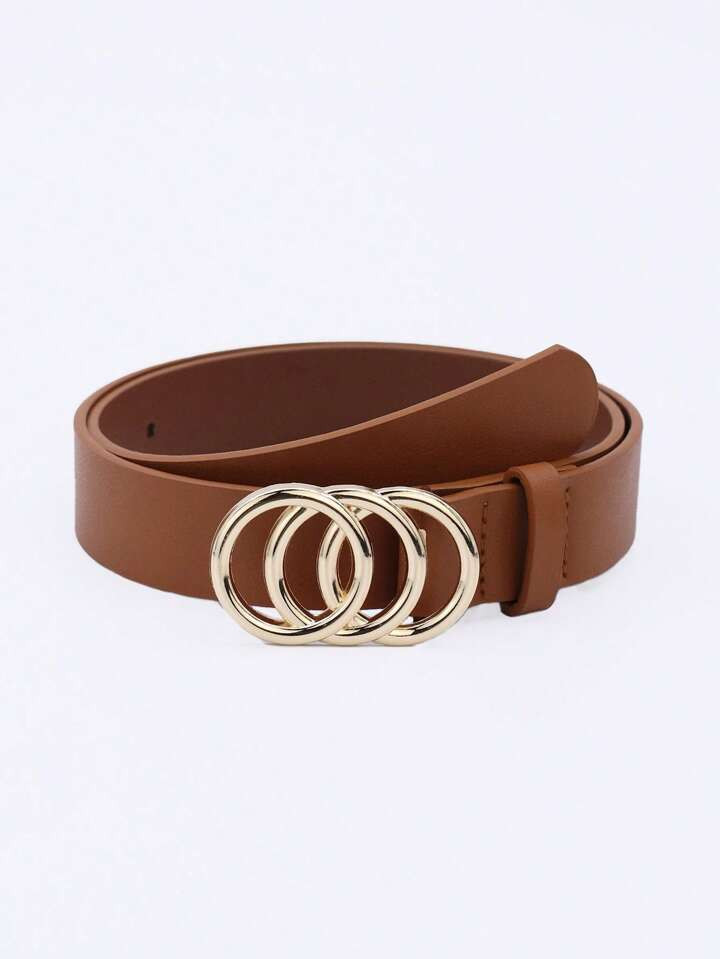 1pc Women's Three Circle Buckle Brown Pu Decorated Belt For Everyday Wear | SHEIN