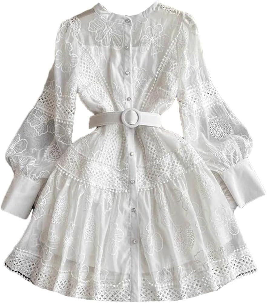 Generic Women's Stand Collar Lantern Sleeve Elegant Vintage Mesh Patchwork Mini Vestidos | Amazon (US)