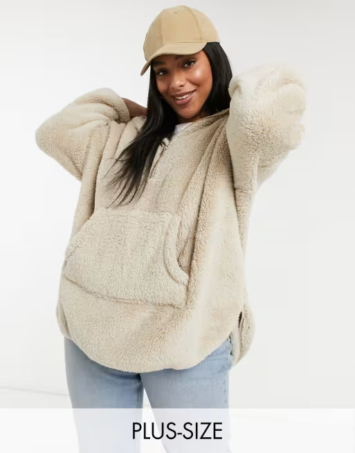 Only Curve teddy hoodie with zip neck in beige | ASOS (Global)