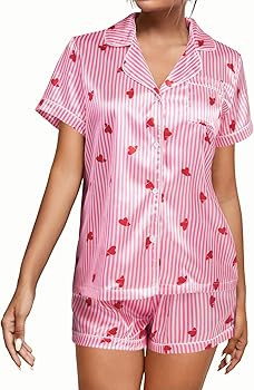 Umenlele Women's Silky Satin Striped Pajamas Short Sleeve Top with Shorts Sleepwear PJ Set | Amazon (US)