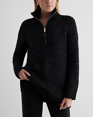 London Shine Ribbed Fuzzy Knit Quarter Zip Oversized Sweater | Express