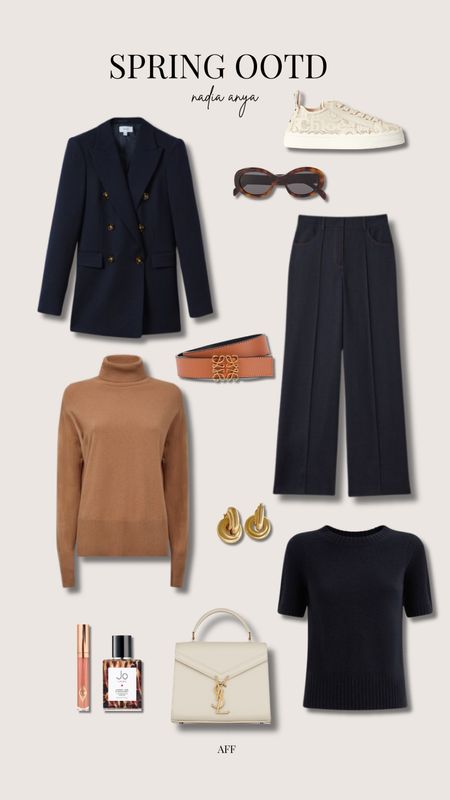 Spring outfit, Reiss trousers, Navy blazer, Chloe Trainers