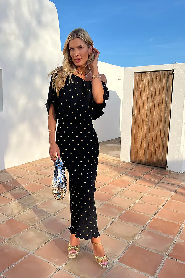 Black Tilly Plisse Dress with Gold Fleck Petite | Never Fully Dressed (UK & IE)