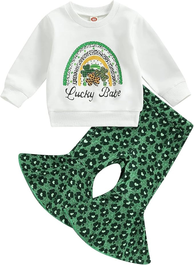 Toddler Baby Girl St Patricks Day Outfits Lucky Babe Long Sleeve Sweatshirt Green Flared Pants Se... | Amazon (US)