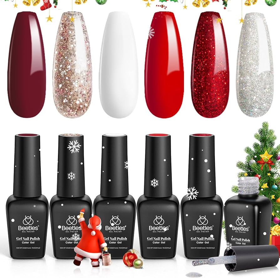 Beetles Red Gel Nail Polish, 6Pcs Candy Cane Christmas Gel Polish Glitter Burgundy Red Sparkle Ge... | Amazon (US)