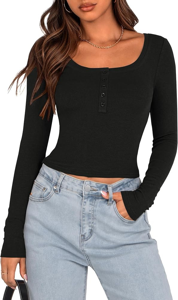 Zenlonr Women's Long Sleeve Scoop Neck T Shirts 2024 Button Down Solid Slim Fit Tops Casual Ribbe... | Amazon (US)