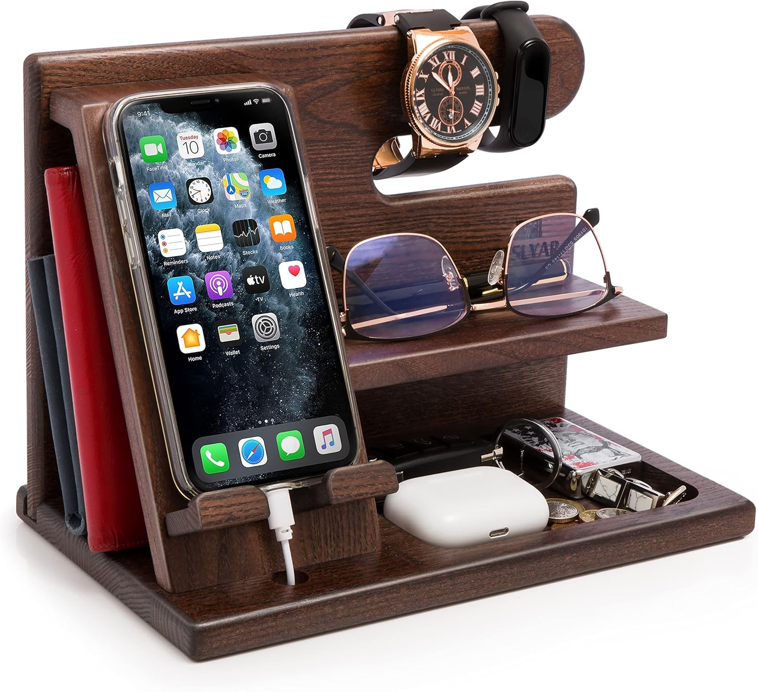 TESLYAR Wood Phone Docking Station Ash Key Holder Wallet Stand Watch Organizer Men Gift Husband W... | Amazon (US)
