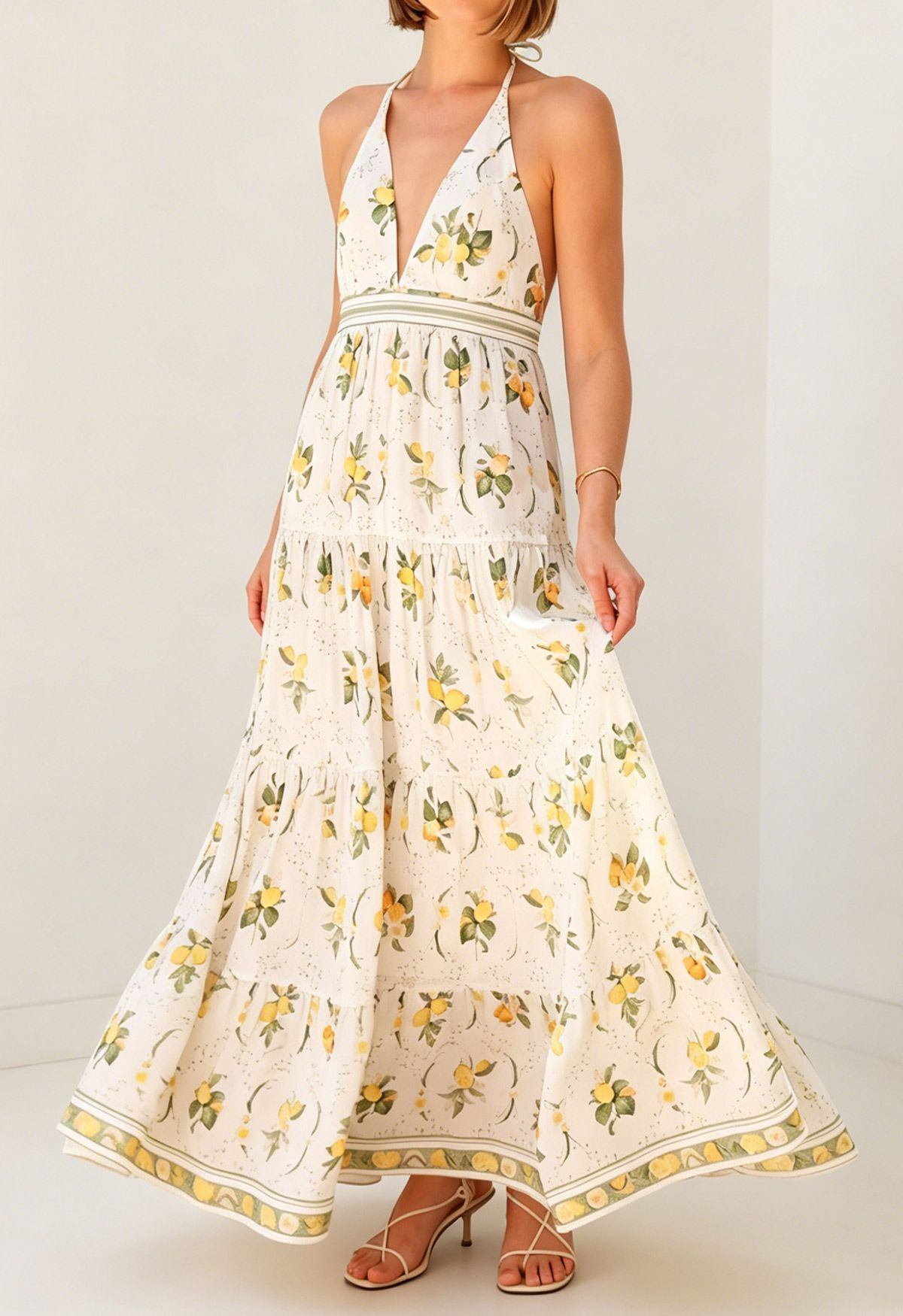 Lemon Print Deep V-Neck Open Back Maxi Dress for Tropical Vacations & Beachside | Chicwish