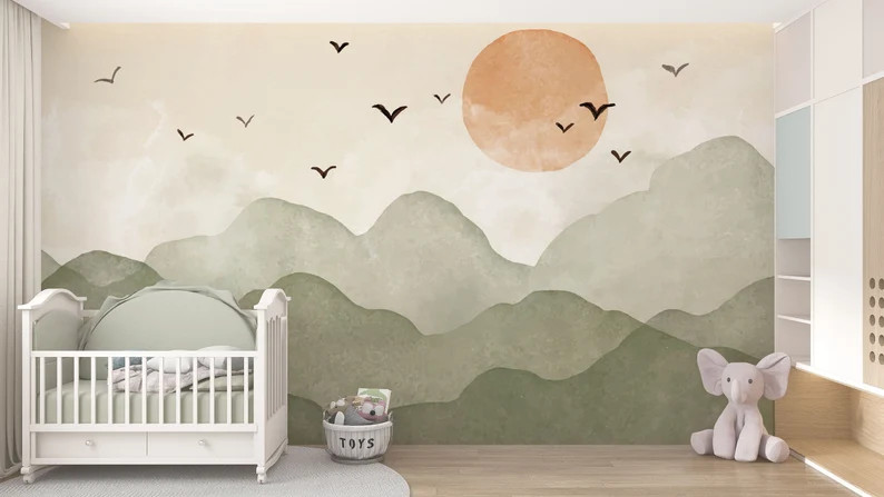 Bohemian Colors Self Adhesive Nursery Wallpaper, Sunset Through The Mountains With Watercolor Eff... | Etsy (CAD)