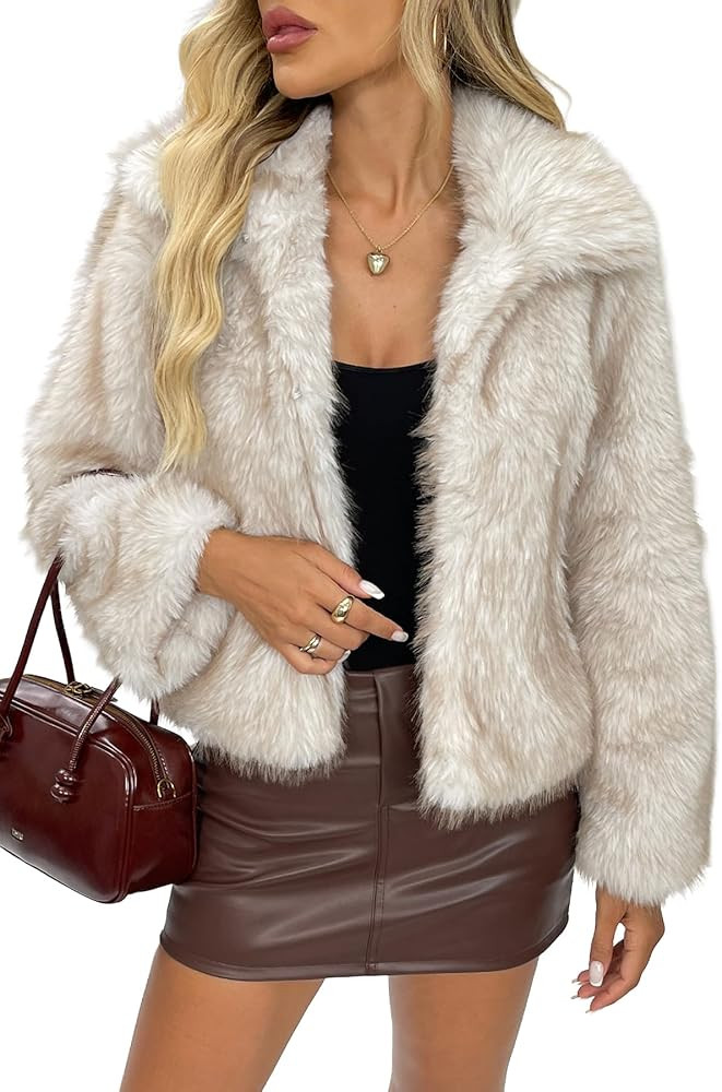 ELLEVEN Women's Two-Tone Faux Fur Coat - Fluffy Winter Jacket with Lapel Collar, Hooks & Pockets | Amazon (US)
