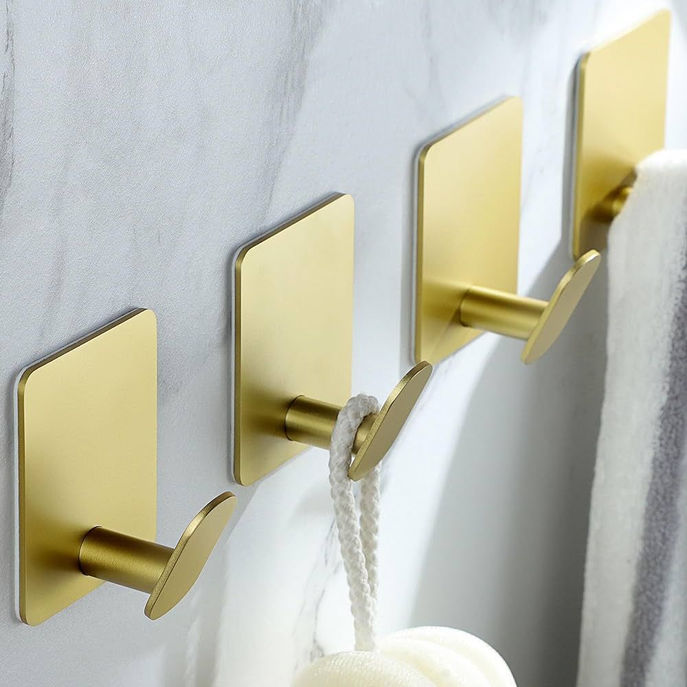 DELITON Adhesive Towel Hooks Gold - 4 Pack Towel Hook for Coat Robe Stick on Bathroom Wall Brushe... | Amazon (US)