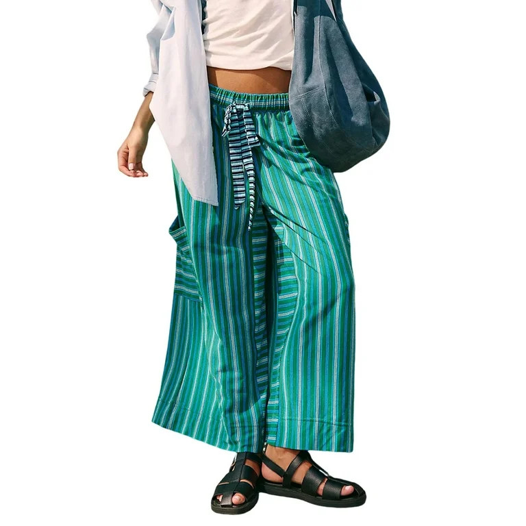 PUWEI Women's Striped Wide Leg Pants Loose Fit Drawstring Waist Casual Palazzo with Pockets | Walmart (US)