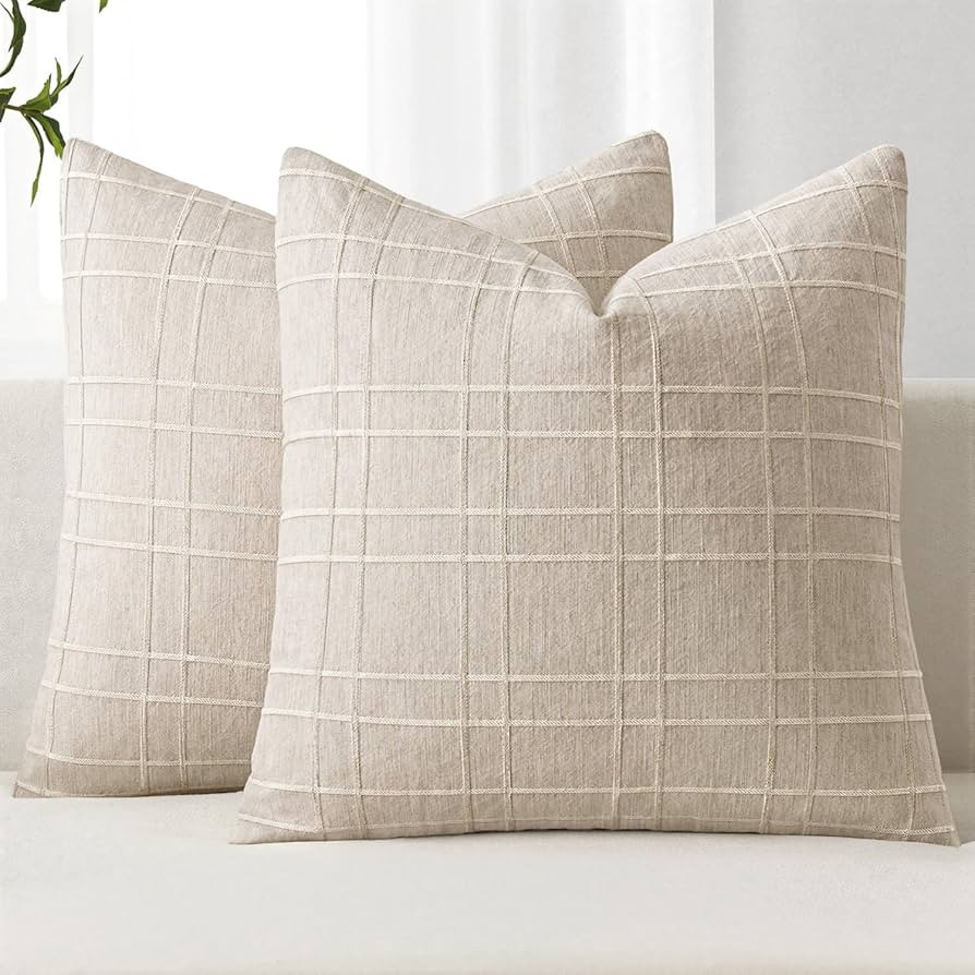 MIULEE Decorative Linen Check Throw Pillow Covers Neutral Farmhouse Vintage Pillow Covers 20x20 I... | Amazon (US)