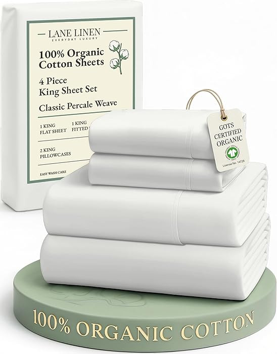 LANE LINEN 100% Organic Cotton King Bed Set, 4-Piece Cotton Bed Sheets, Crisp Percale Weave, Ultr... | Amazon (US)