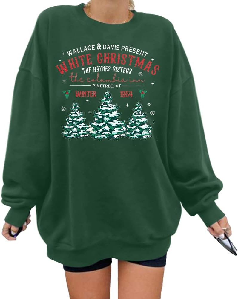 MYHALF Womens White Christmas Sweatshirt Crewneck Christmas Tree Graphic Shirts Oversized Xmas Pu... | Amazon (US)
