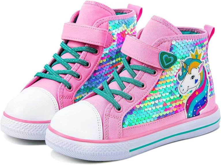 Kids Sneakers for Girls, Cute Fashion High Top Casual Canvas Sequin Shoes | Amazon (US)