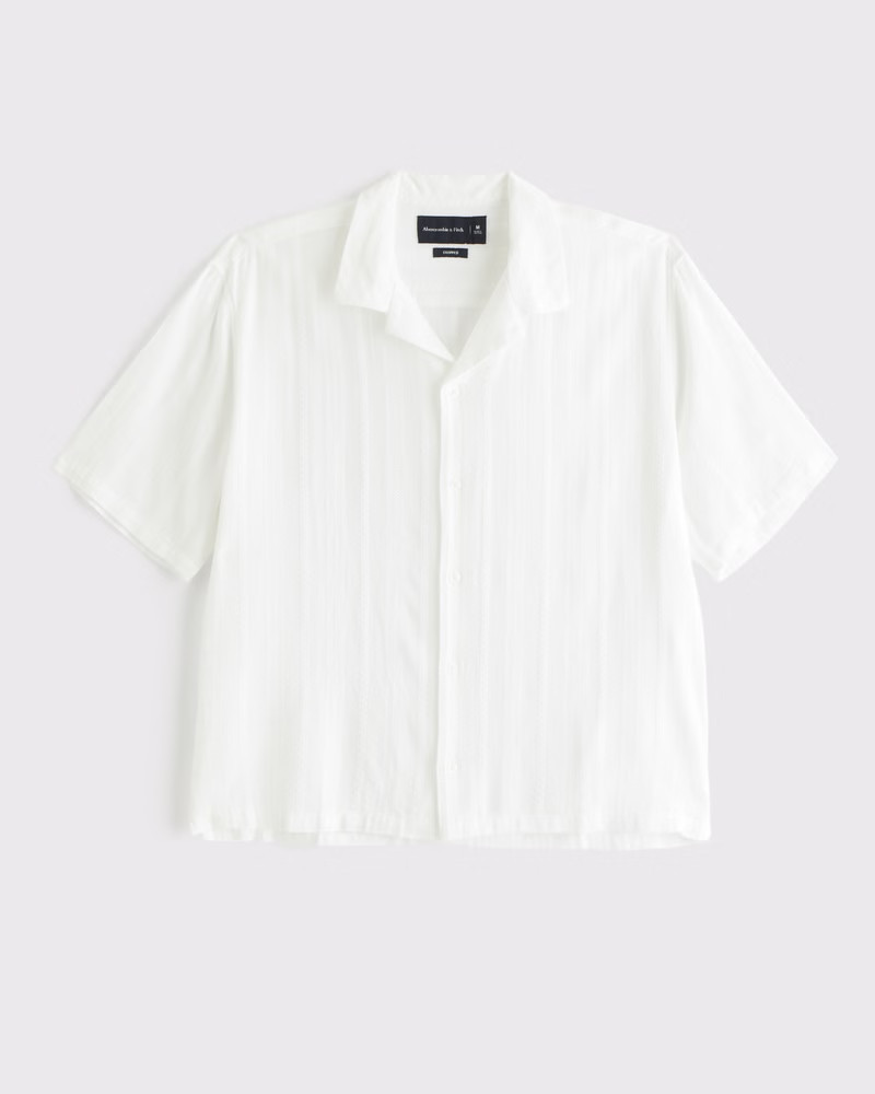 Abercrombie & Fitch Men's Camp Collar Cropped Button-Up Shirt in White Stripe - Size XS | Abercrombie & Fitch (US)