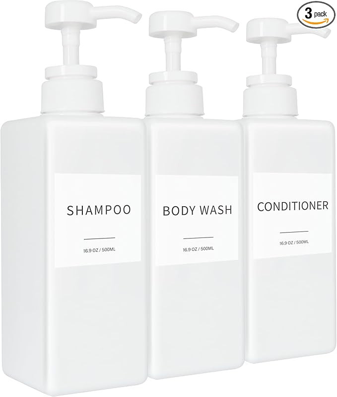 Shampoo and Conditioner Dispenser, Refillable Plastic Shampoo Pump Bottles with Waterproof Labels... | Amazon (US)