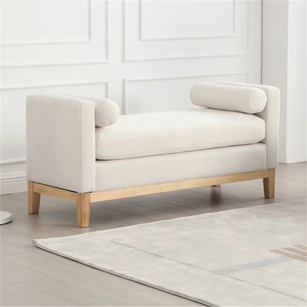 End of Bed Bench, 53.5" Boucle Fabric Upholstered Entryway Bench with Wood Legs & Bolster Pillows... | Walmart (US)