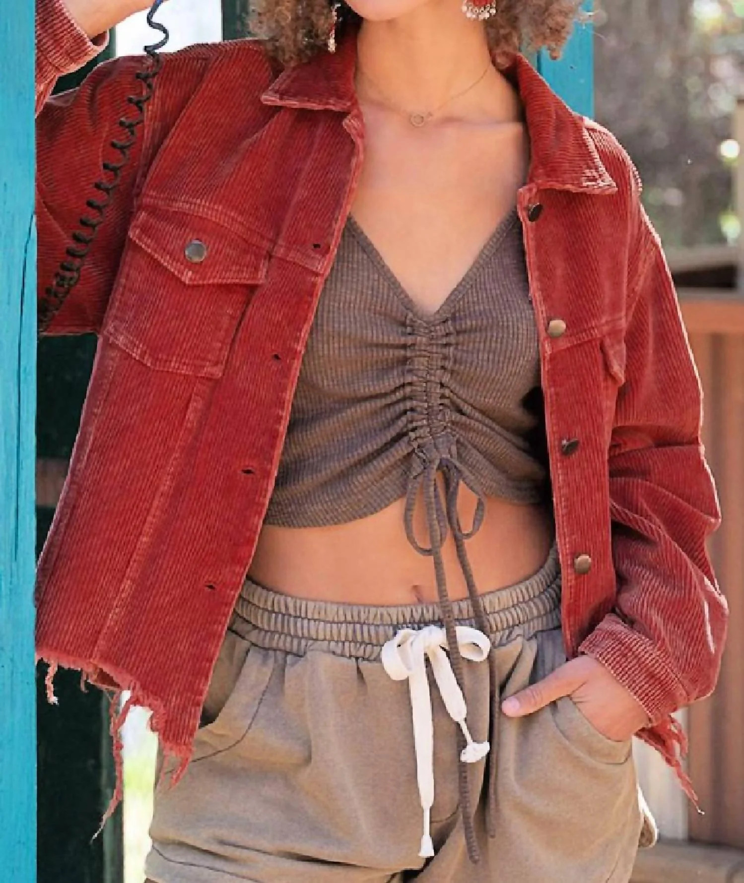 Crop Corduroy Jacket W/ Raw Hemlin In Tomato | Shop Simon