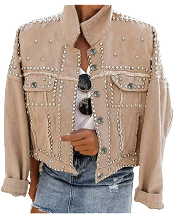 Omoone Women's Long Sleeve Rivet Studded Denim Jacket Casual Washed Pearl Short Jean Coat | Amazon (US)