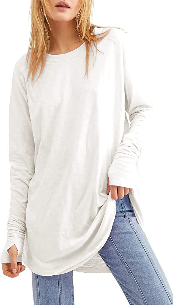 Women's Casual Long Sleeve Tops Crew Neck Round Hem Loose T-Shirts Tunic Tops with Thumb Holes | Amazon (US)
