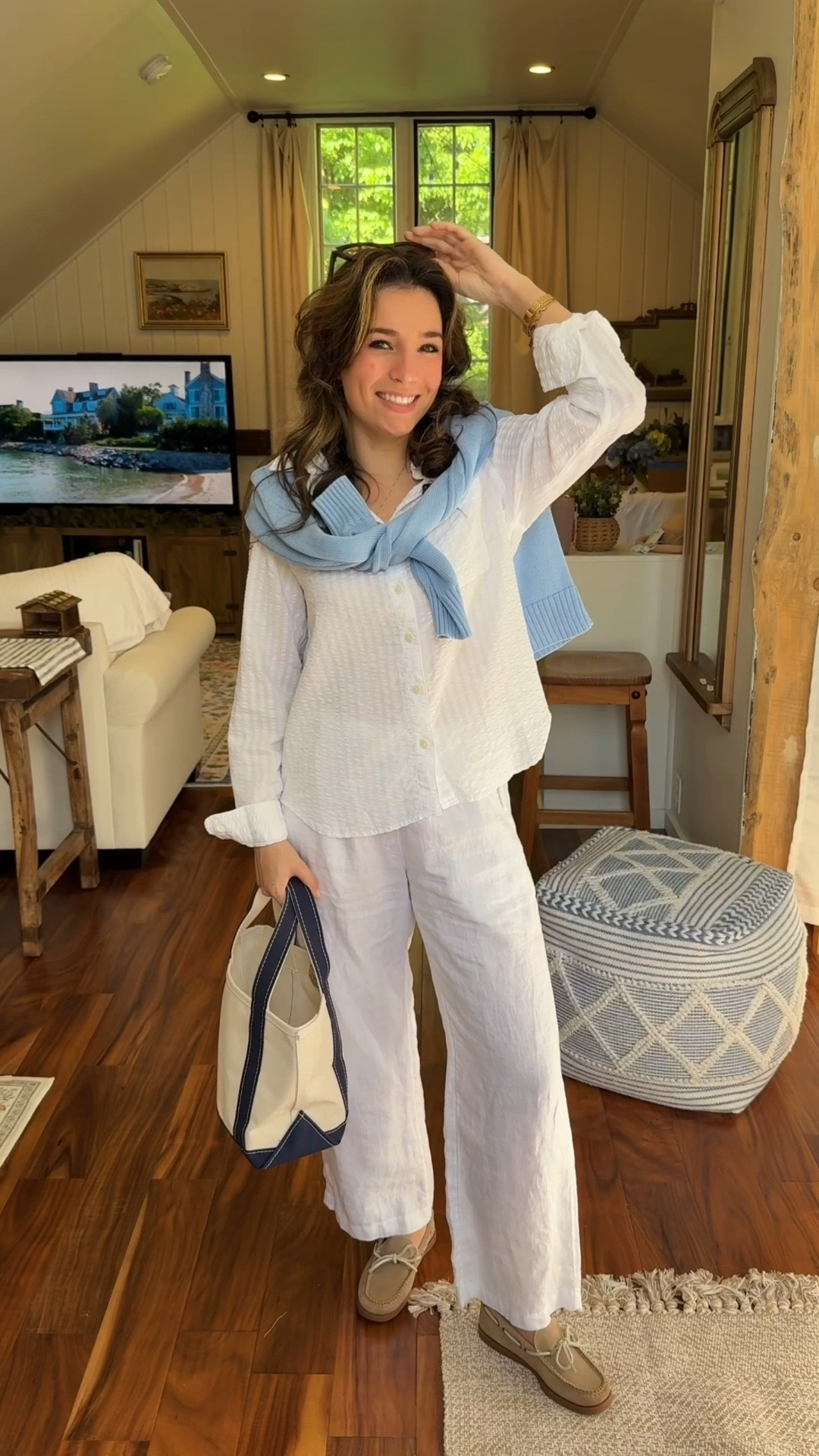 Nancy Meyer inspired coastal granddaughter outfit of the day!  🌊🥂🤍 I am 5 foot three and wearing XS in everything 🌊  

summer Staples / summer outfit / summer outfit inspiration / cute summer outfit / coastal grandmother / coastal granddaughter / classic style / cute summer clothes / white linen pants / linen pants / blue sweater / white Oxford shirt / white poplin shirt / boat shoes / boat moccasins / gold watch / L.L. Bean bag / boat and tote

#LTKSeasonal #LTKootd #LTKgrwm