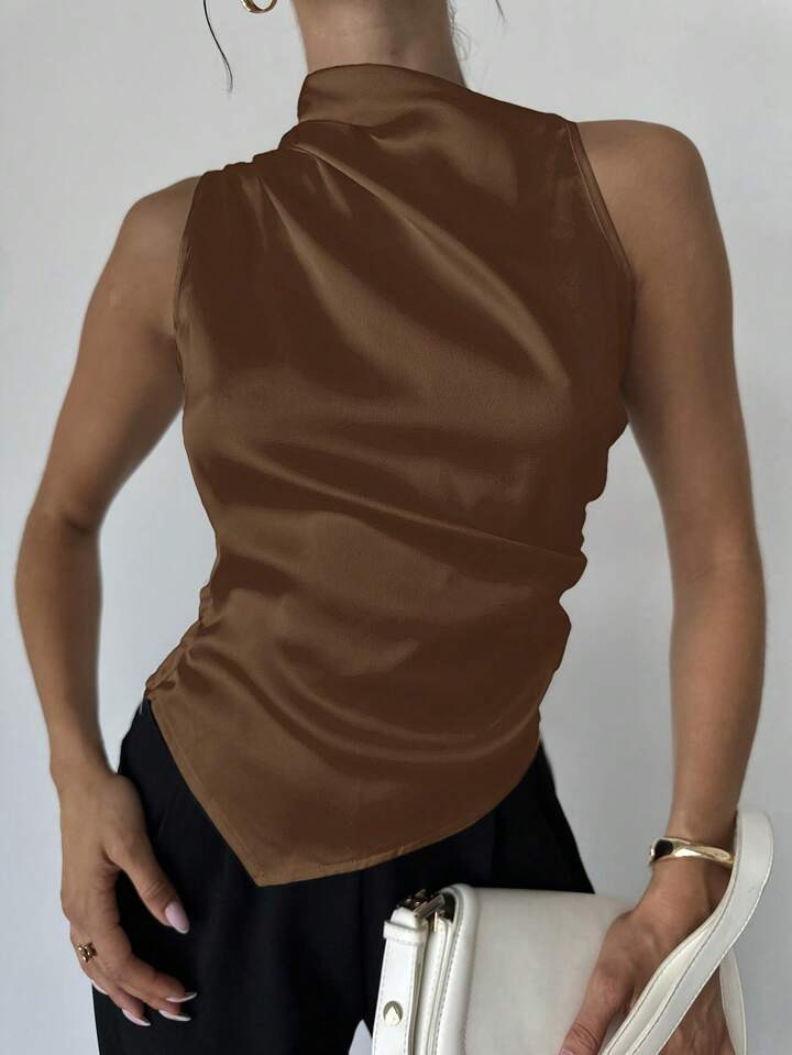 Firerie Women's Simple Elegant Fashion Business Office Brown Sleeveless Pleated Collar Pointed Hem Satin Blouse | SHEIN
